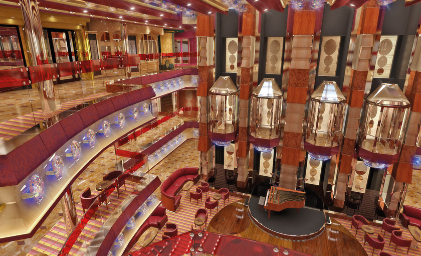 Grote hal met glazen liften op de Costa Fascinosa